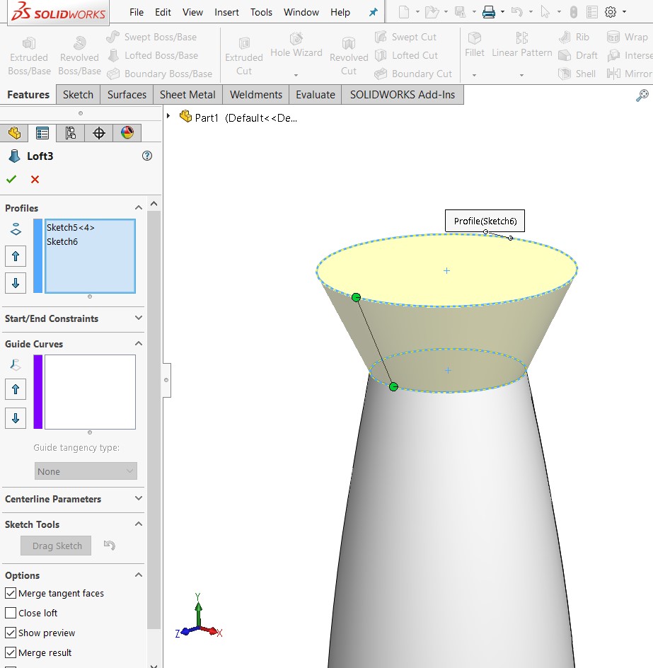 ترسیم قسمت پایه&zwnj;ی سر پیچ با استفاده از دستور Loft در نرم&zwnj;افزار سالیدورکس